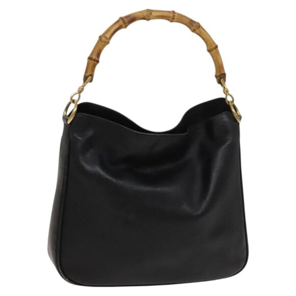 GUCCI Bamboo Hand Bag Leather Black Gold 001 2113 1638 Auth ep9104 - Picture 1 of 16